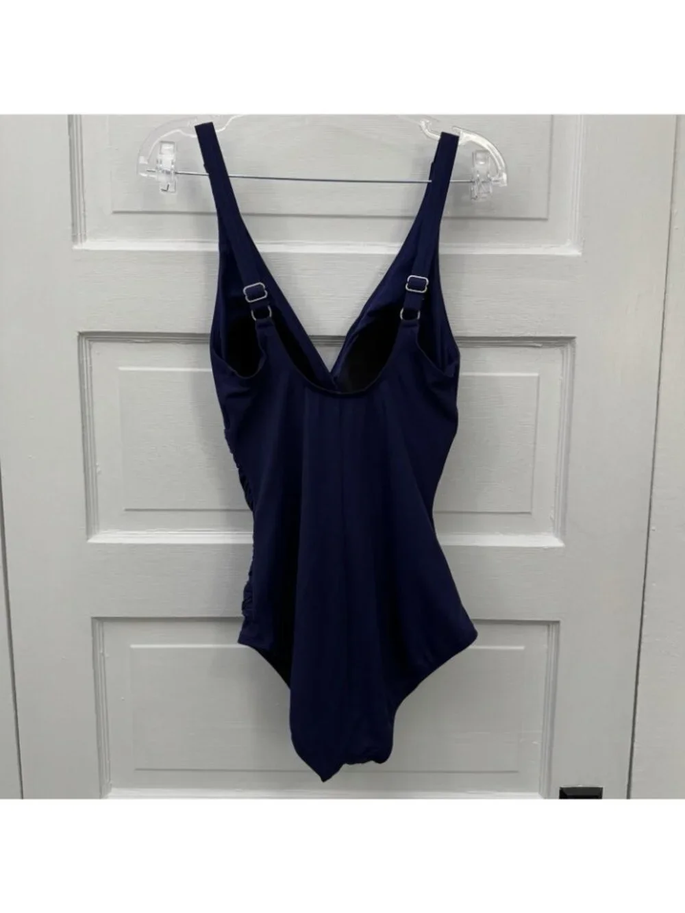 Jantzen Womens 10 Navy Tummy Control One Piece Swimsuit Ruched V Neck